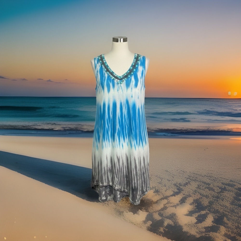 VTG Y2K Embellished Beaded Chain Swim Cover Mesh Tie Dye Tank Dress Asymmetrical